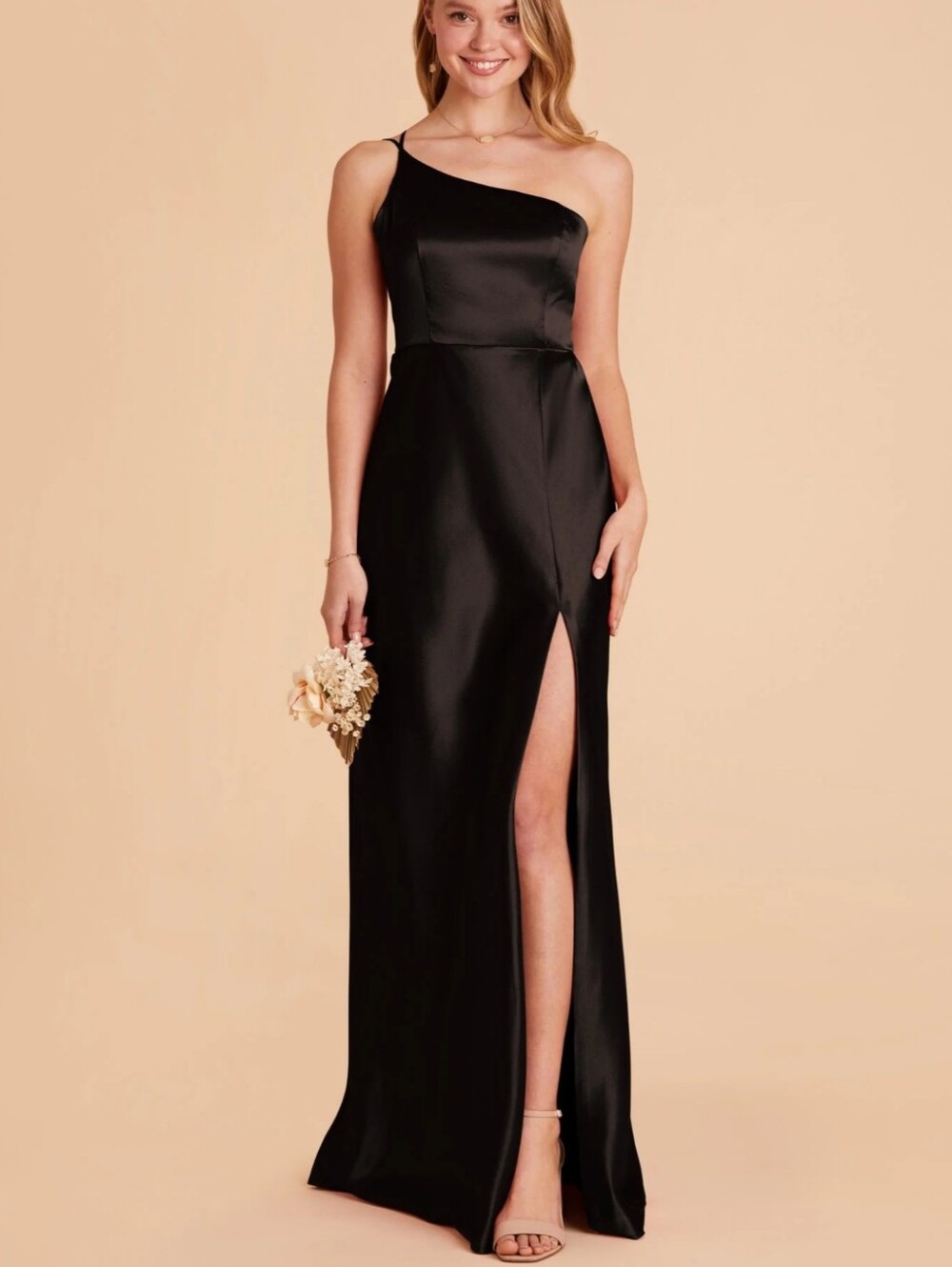 Birdy Grey Kensie Dress Shiny Satin Black Long Bridesmaid Gown One Shoulder SM